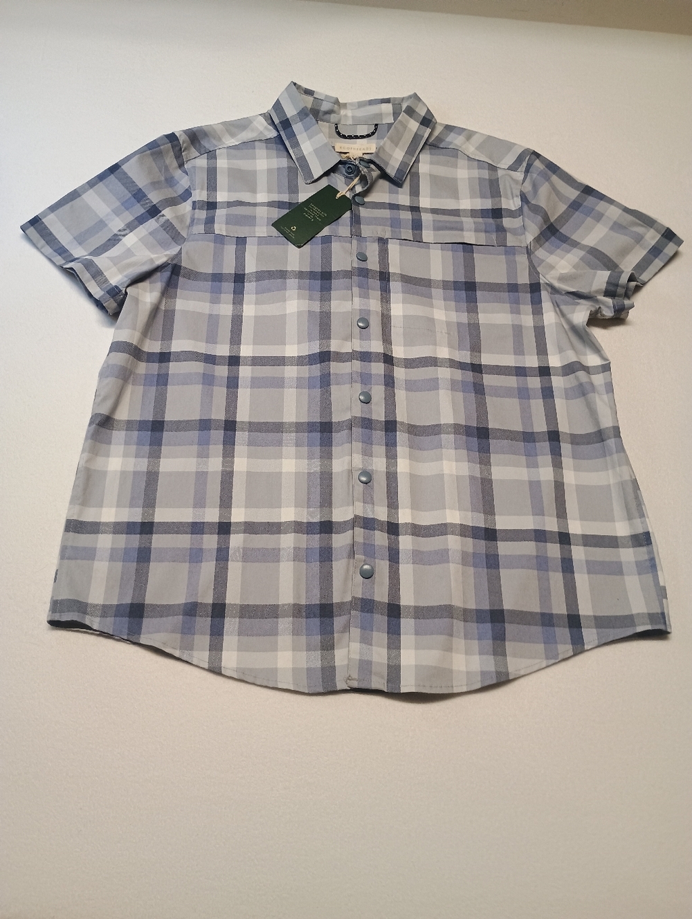 EcoThreads Men's Size L  Short-Sleeve Plaid Button-Up Shirt - Light Blue/Grey
